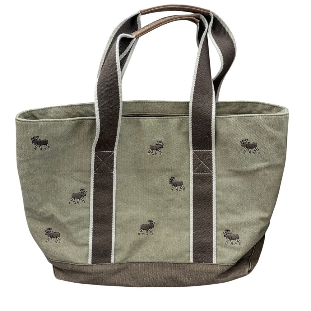 Vintage LL Bean Boat and Tote Canvas Bag Brown With Moose Design, Leather Trim